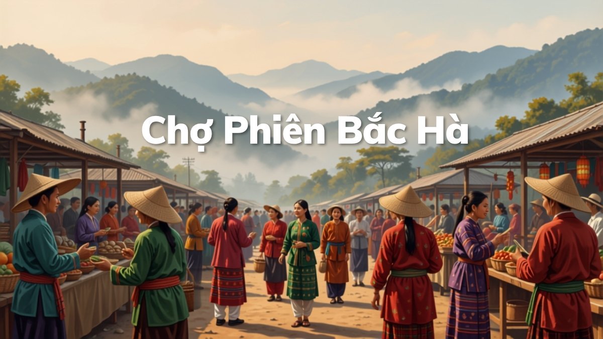 Cảnh chợ phiên Bắc Hà, Lào Cai với người dân tộc thiểu số mặc trang phục thổ cẩm nhiều màu sắc, núi đồi phía sau