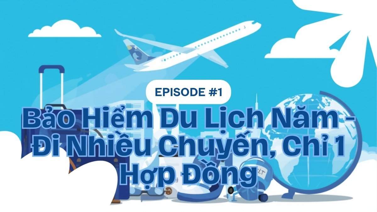 Minh họa bảo hiểm du lịch năm với máy bay, va li và bản đồ thế giới, chủ đề đi nhiều chuyến chỉ một hợp đồng