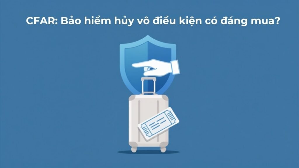 Minh họa vali du lịch, vé máy bay và lá chắn bảo vệ tượng trưng cho bảo hiểm hủy chuyến CFAR
