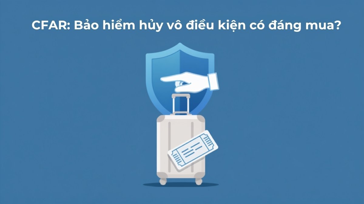 Minh họa vali du lịch, vé máy bay và lá chắn bảo vệ tượng trưng cho bảo hiểm hủy chuyến CFAR
