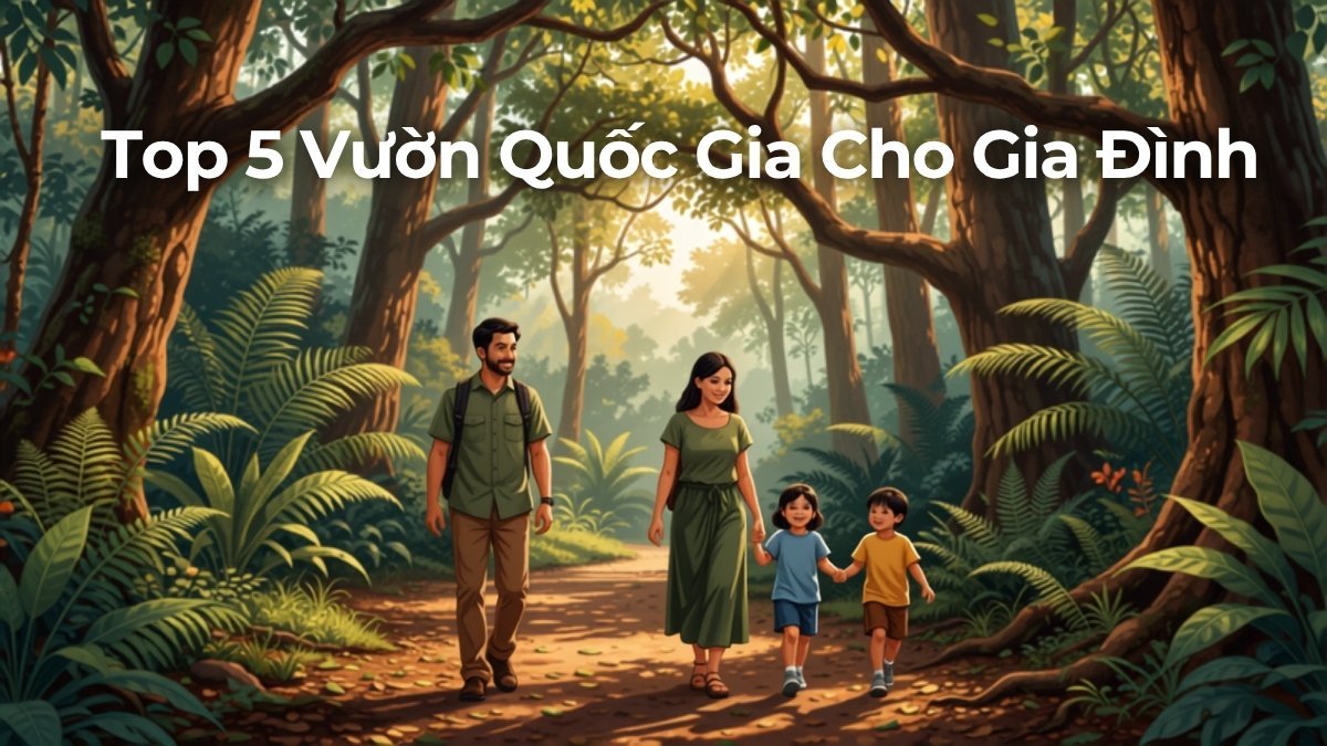 Gia đình đi bộ khám phá rừng xanh tại vườn quốc gia Việt Nam cùng hai con nhỏ