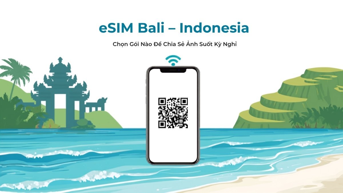 Điện thoại hiển thị mã QR eSIM trước cổng Bali và bãi biển, minh họa cho bài viết chọn gói eSIM Bali Indonesia