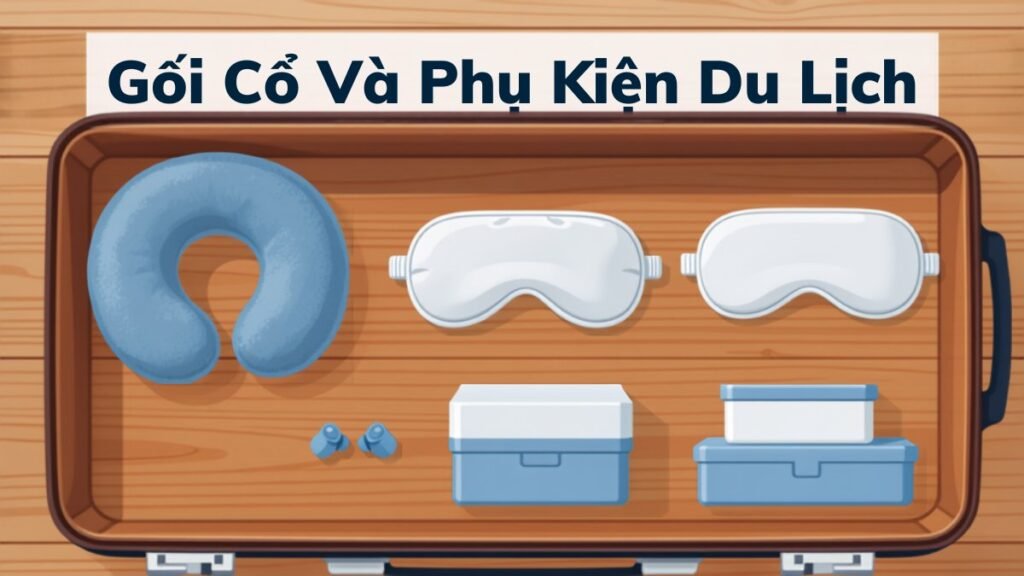 Bộ phụ kiện du lịch xếp gọn trong vali gồm gối cổ, bịt mắt ngủ, nút bịt tai và túi đựng đồ nhỏ gọn