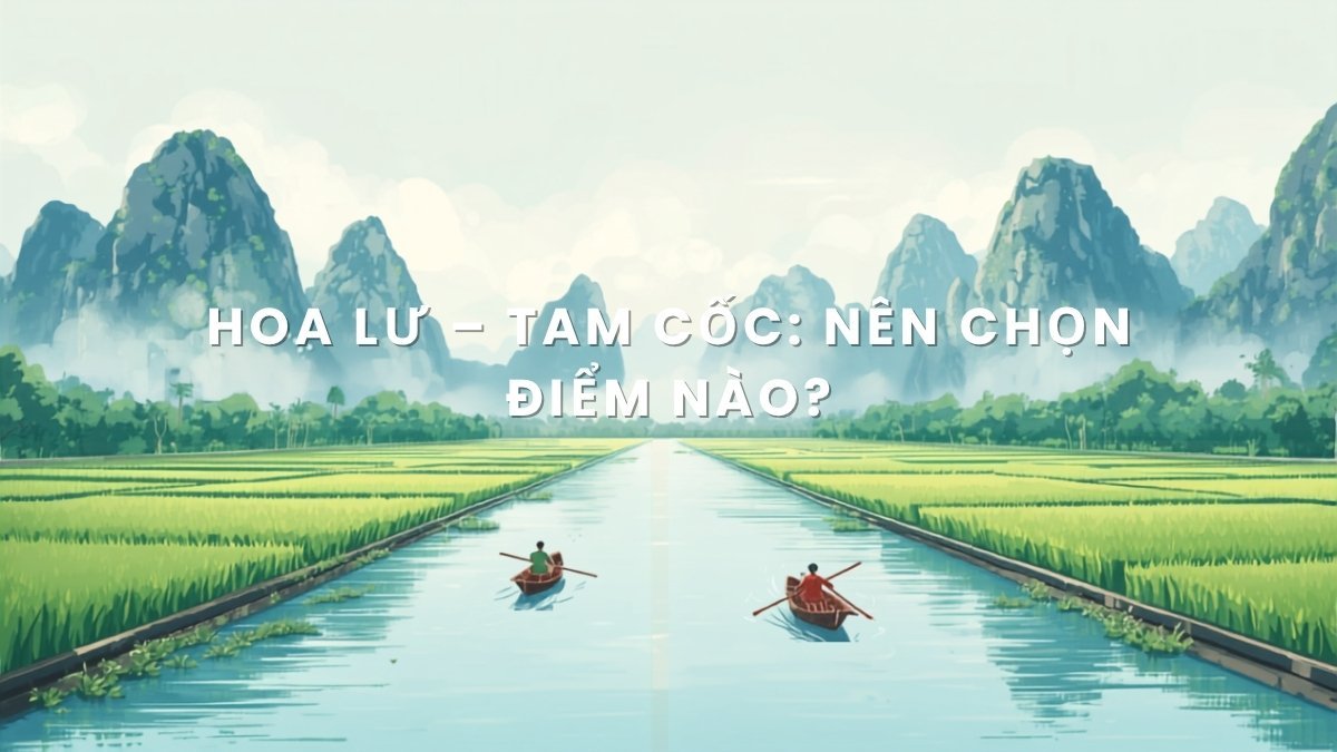 Cảnh sông nước và núi đá vôi giữa cánh đồng lúa ở Ninh Bình, minh họa cho bài so sánh Hoa Lư và Tam Cốc
