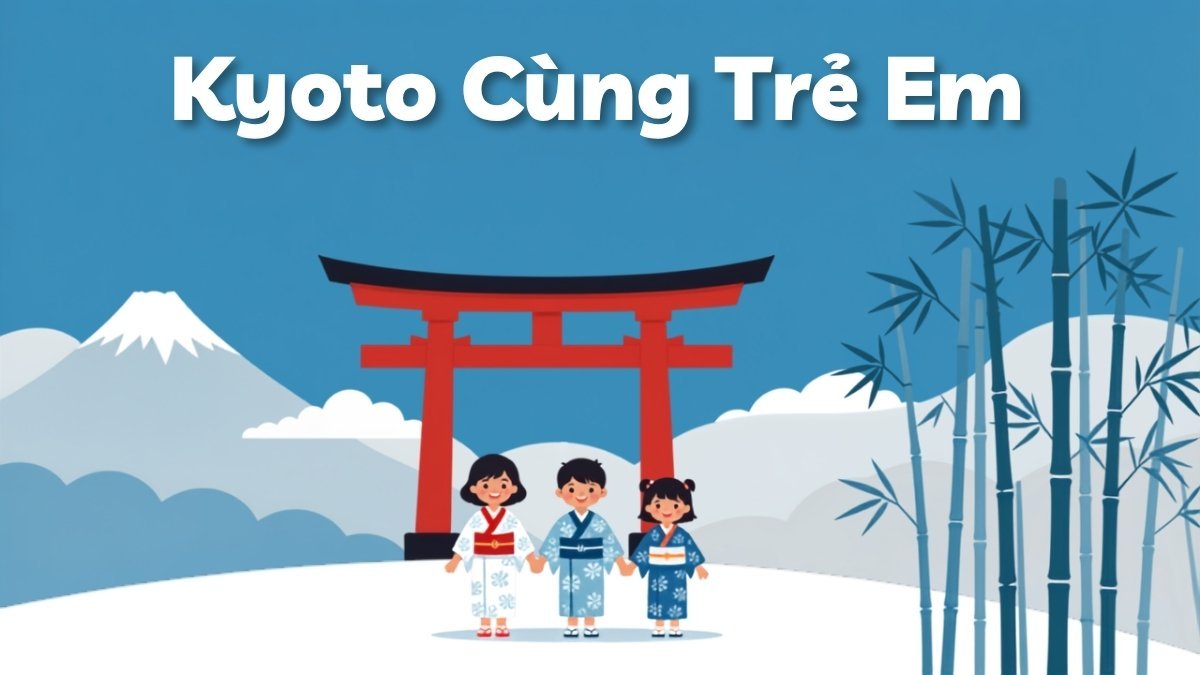 Ba trẻ em mặc kimono truyền thống đứng trước cổng torii đỏ Fushimi Inari ở Kyoto, minh họa cho bài viết Kyoto cùng trẻ em