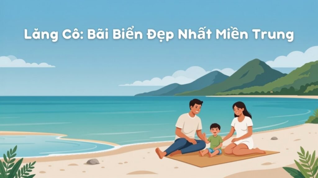 Gia đình ba người ngồi nghỉ trên bãi cát trắng vịnh Lăng Cô với núi và biển xanh phía sau, minh họa cho bài viết về bãi biển Lăng Cô miền Trung