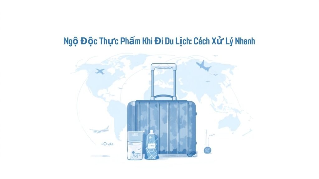 Va li du lịch, chai nước và cốc bù nước tượng trưng cho cách xử lý ngộ độc thực phẩm khi đi du lịch