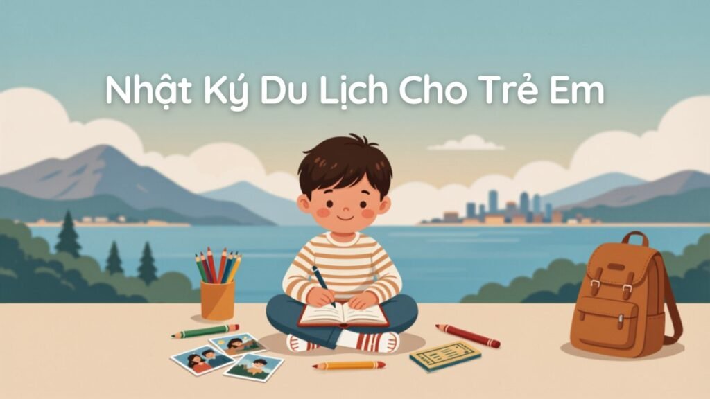 Bé trai ngồi viết nhật ký du lịch bên hồ nước, có bút màu, ảnh chụp và ba lô du lịch xung quanh