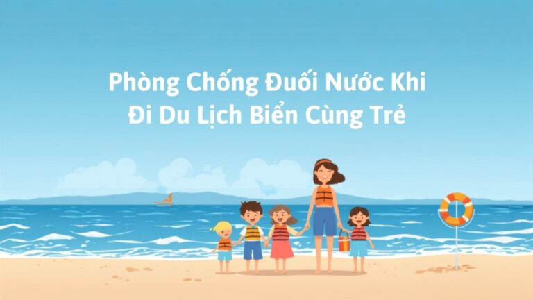 Gia đình và trẻ em mặc áo phao an toàn trên bãi biển cạnh phao cứu sinh, minh họa cho bài viết phòng chống đuối nước khi đi du lịch biển cùng trẻ