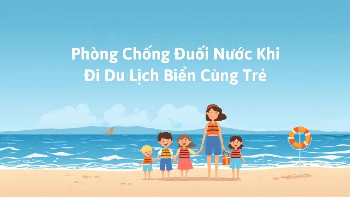 Gia đình và trẻ em mặc áo phao an toàn trên bãi biển cạnh phao cứu sinh, minh họa cho bài viết phòng chống đuối nước khi đi du lịch biển cùng trẻ