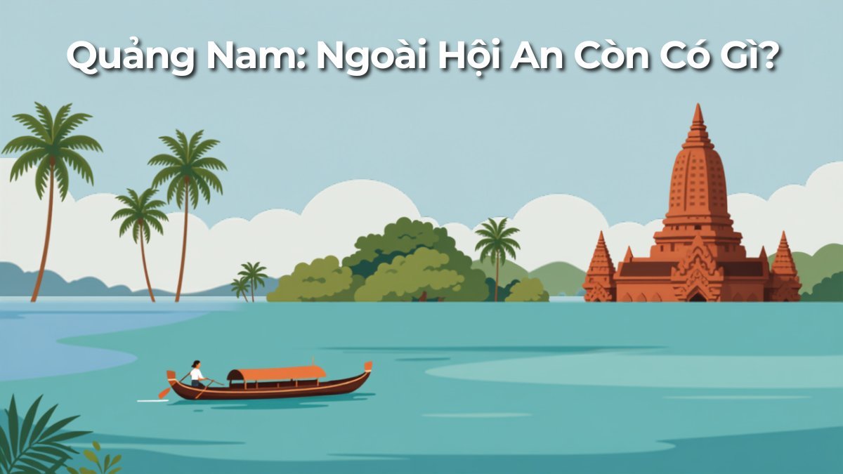 Minh họa cảnh sông nước Quảng Nam với thuyền chèo, rừng dừa và tháp cổ Chăm Pa phía xa