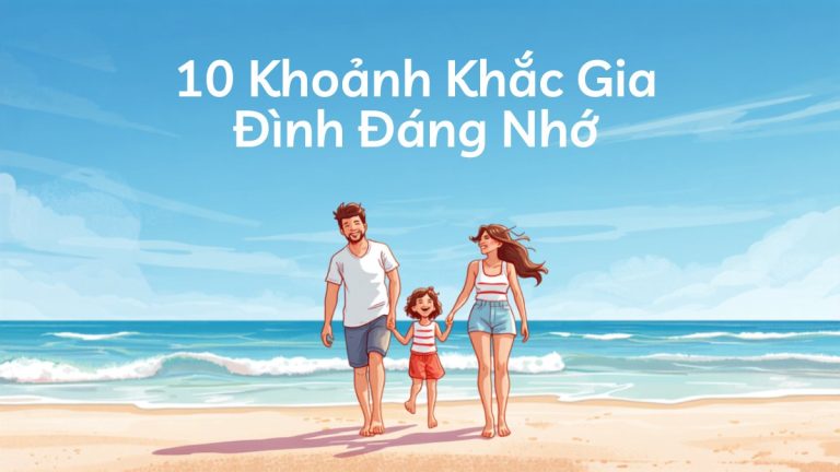 Gia đình gồm bố, mẹ và con gái nhỏ nắm tay nhau vui đùa trên bãi biển, minh họa cho bài viết về những khoảnh khắc gia đình đáng nhớ khi đi du lịch