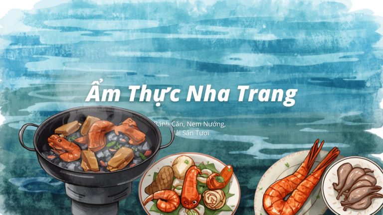 Minh họa ẩm thực Nha Trang với bánh căn, nem nướng và hải sản tươi trên nền biển xanh