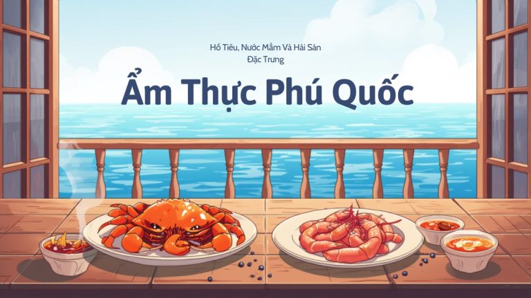 Đĩa ghẹ và tôm hải sản Phú Quốc bày trên bàn gỗ view biển, minh họa cho bài ẩm thực Phú Quốc