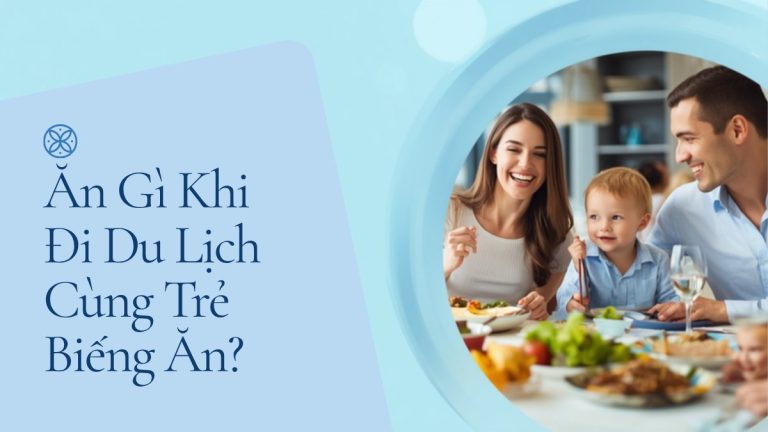 Gia đình vui vẻ ăn uống cùng nhau khi đi du lịch, minh họa chủ đề trẻ biếng ăn khi đi du lịch