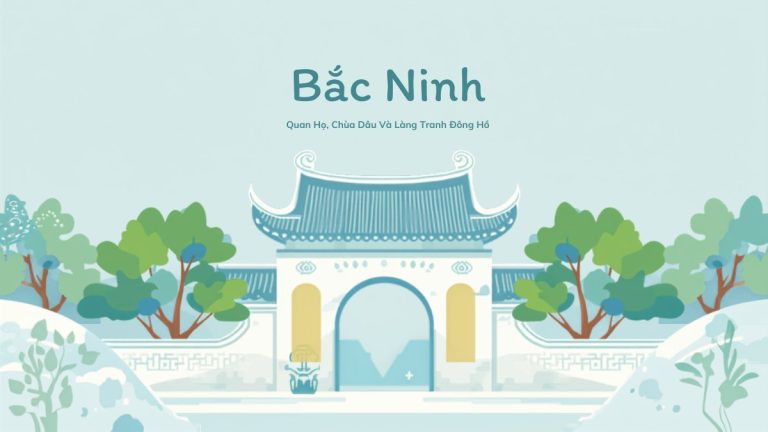 Minh họa cổng chùa cổ truyền thống Bắc Ninh với cây xanh bao quanh, tiêu đề bài viết về quan họ, chùa Dâu và làng tranh Đông Hồ