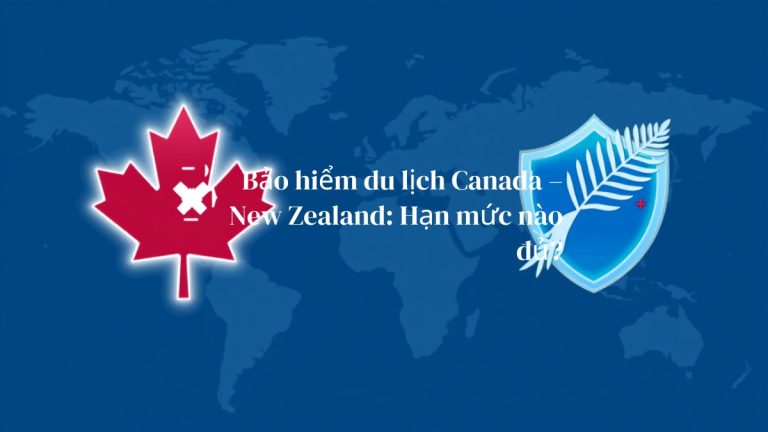 Biểu tượng lá phong Canada và khiên dương xỉ New Zealand trên nền bản đồ thế giới, minh họa bài viết về hạn mức bảo hiểm du lịch Canada và New Zealand