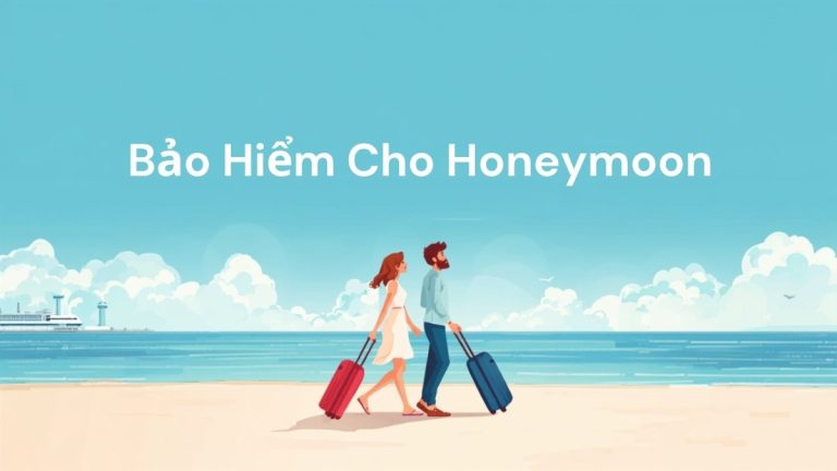 Cặp đôi mới cưới kéo vali đi honeymoon trên bãi biển, minh họa bài viết về bảo hiểm du lịch cho tuần trăng mật