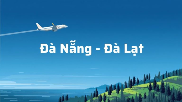 Máy bay bay qua biển và đồi thông, minh họa tuyến bay Đà Nẵng - Đà Lạt
