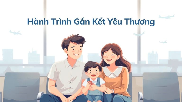 Minh họa gia đình nhỏ vui vẻ tại sân bay, chủ đề câu chuyện thương hiệu BayVui - hành trình gắn kết yêu thương