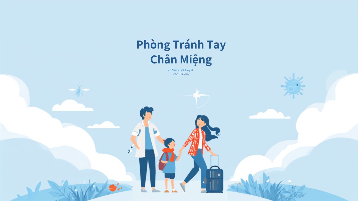 Gia đình cùng con nhỏ đi du lịch với vali, minh họa phòng tránh bệnh tay chân miệng và sốt xuất huyết cho trẻ em