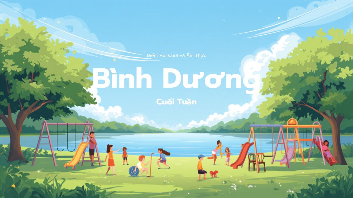 Trẻ em vui chơi tại công viên bên hồ ở Bình Dương với cầu trượt và xích đu, minh họa cho chuyến đi cuối tuần cùng gia đình