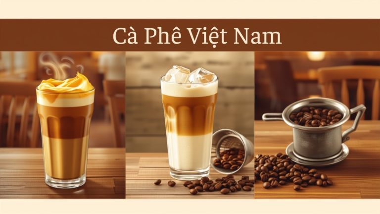 Ba phong cách cà phê Việt Nam: cà phê trứng nóng, cà phê sữa đá và cà phê phin truyền thống bên hạt cà phê rang