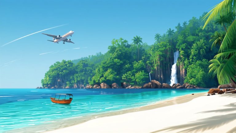 Bãi biển cát trắng, nước biển xanh ngọc và thác nước giữa rừng nhiệt đới tại Cebu, Philippines, với thuyền nhỏ và máy bay bay ngang qua