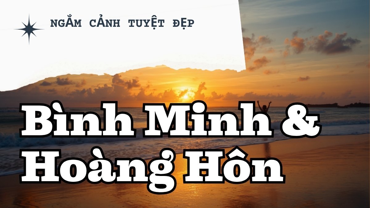 Cảnh mặt trời lặn trên bãi biển với người đứng ngắm hoàng hôn, bầu trời rực sắc cam