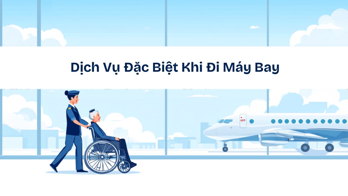 Nhân viên hàng không hỗ trợ hành khách lớn tuổi bằng xe lăn tại sân bay, minh họa dịch vụ đặc biệt WCHR khi đi máy bay