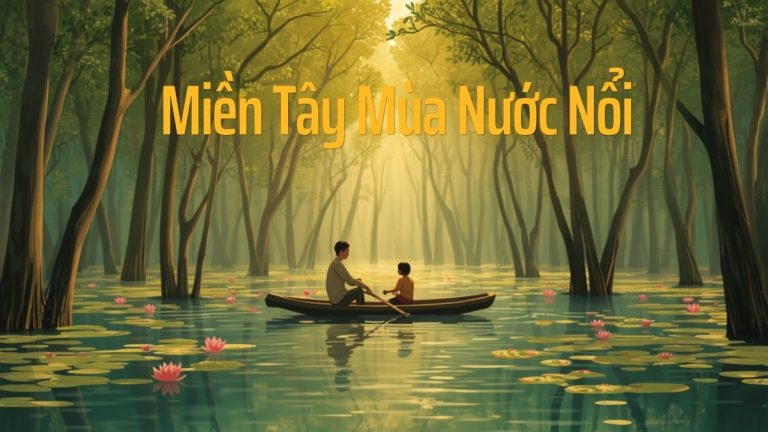 Hai cha con chèo xuồng ba lá giữa rừng tràm ngập nước và bông súng mùa nước nổi miền Tây