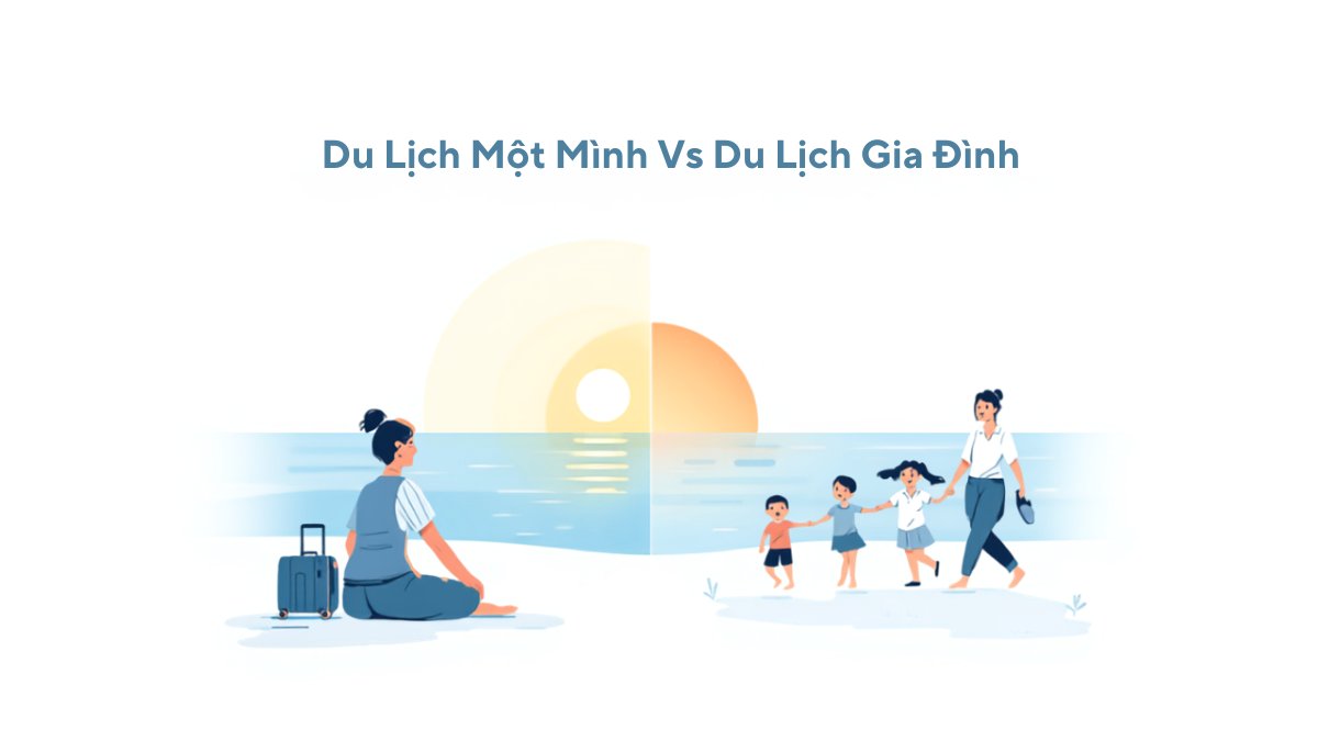 Minh họa so sánh du lịch một mình và du lịch cùng gia đình: một người ngồi thư giãn một mình bên bờ biển và một gia đình nắm tay nhau đi dạo trên bãi biển