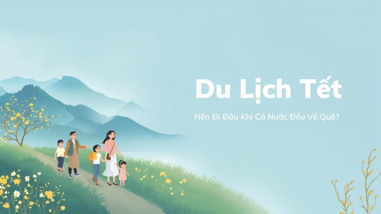 Gia đình đi du lịch Tết trên đường núi có hoa mai vàng, minh họa cho bài viết gợi ý điểm đến Tết ít đông khách