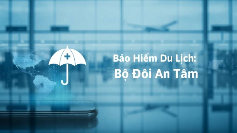 Minh họa eSIM và bảo hiểm du lịch quốc tế - điện thoại kết nối mạng cùng biểu tượng ô dù bảo hiểm y tế tại sân bay