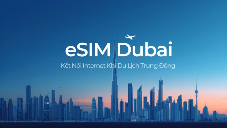 Đường chân trời Dubai lúc hoàng hôn với tòa Burj Khalifa và máy bay, minh họa cho bài viết về eSIM Dubai UAE