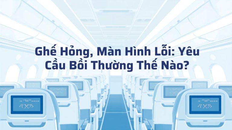 Hàng ghế máy bay với màn hình giải trí cá nhân bị lỗi hiển thị biểu tượng cảnh báo, minh họa bài viết về khiếu nại và bồi thường khi ghế hoặc màn hình trên máy bay bị hỏng