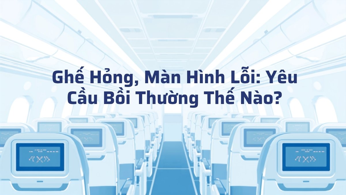 Hàng ghế máy bay với màn hình giải trí cá nhân bị lỗi hiển thị biểu tượng cảnh báo, minh họa bài viết về khiếu nại và bồi thường khi ghế hoặc màn hình trên máy bay bị hỏng