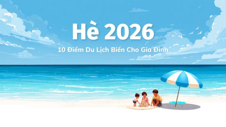 Gia đình vui chơi trên bãi biển cát trắng mùa hè 2026, minh họa cho 10 điểm du lịch biển cho gia đình