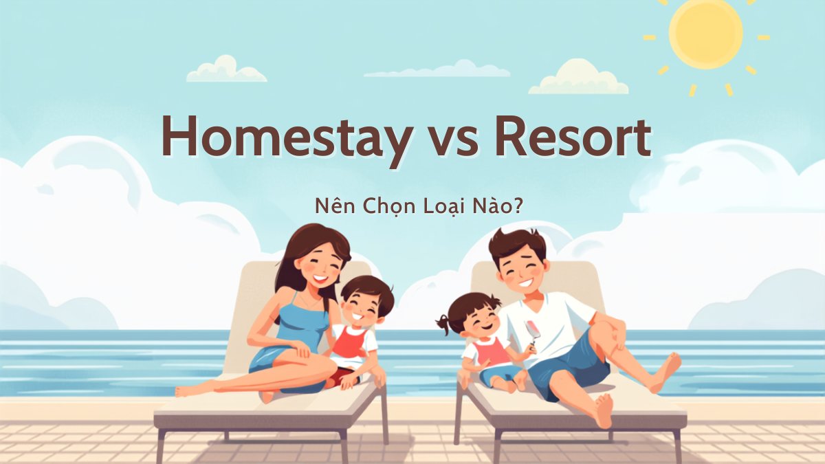 Gia đình bốn người thư giãn trên ghế nằm bên hồ bơi resort, minh họa bài so sánh homestay và resort cho gia đình