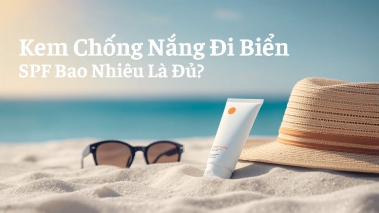Tuýp kem chống nắng đặt trên cát biển cùng kính râm và mũ rộng vành, minh họa cho bài hướng dẫn chọn SPF kem chống nắng khi đi biển