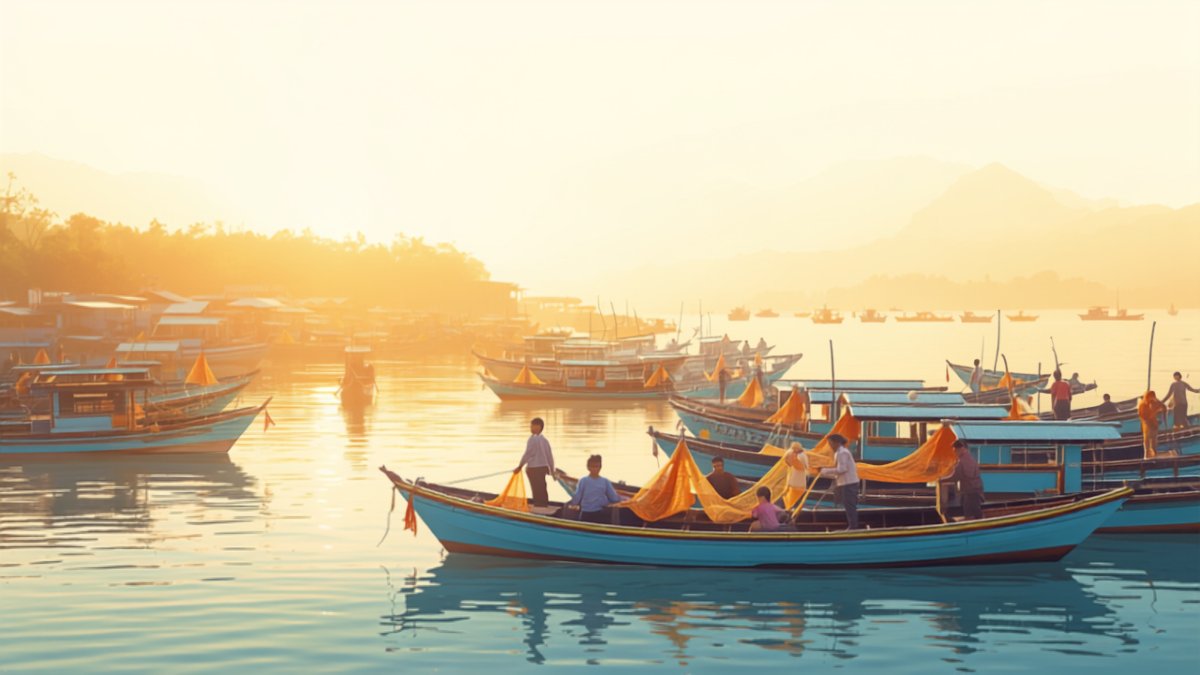 Làng chài truyền thống Việt Nam lúc bình minh với thuyền cá đầy màu sắc neo đậu ven bờ và ngư dân đang kéo lưới