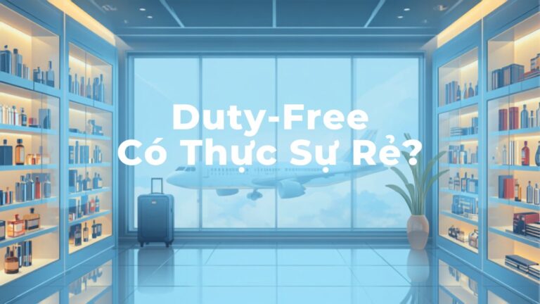 Cửa hàng miễn thuế sân bay với kệ trưng bày nước hoa mỹ phẩm và vali du lịch, minh họa bài viết về duty-free