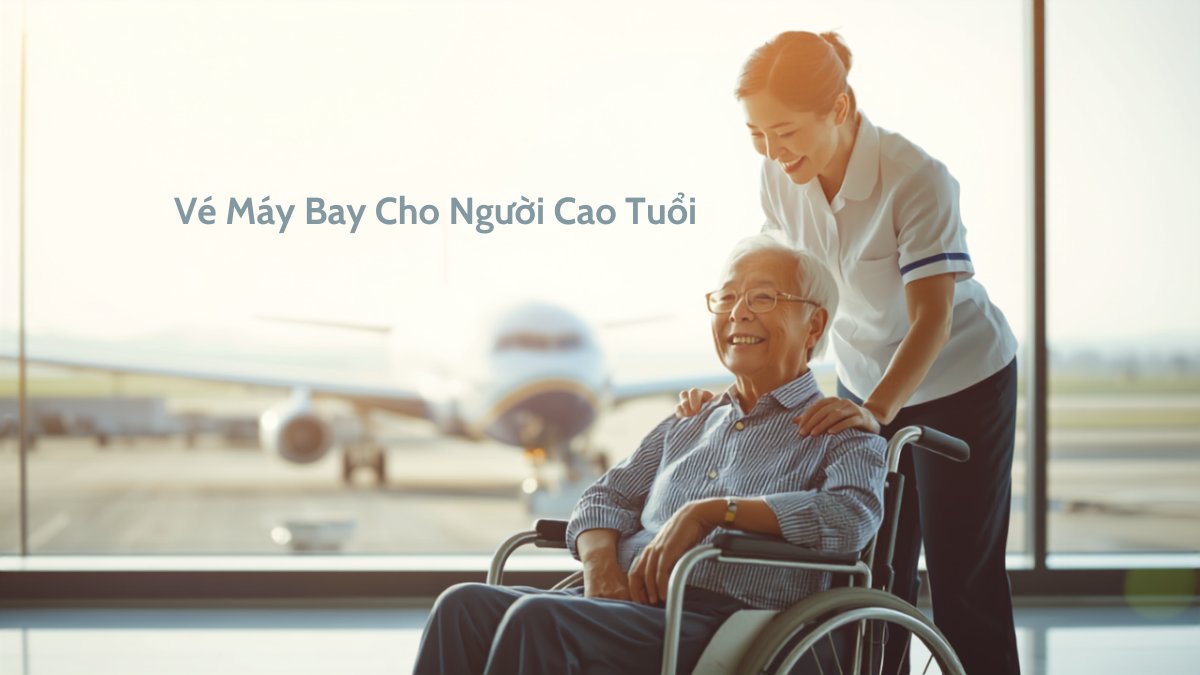 Nhân viên hàng không hỗ trợ người cao tuổi ngồi xe lăn tại sân bay, phía sau là máy bay chuẩn bị cất cánh
