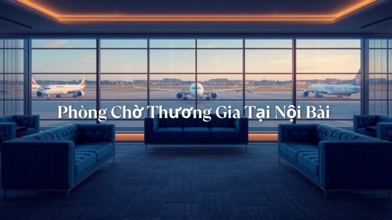 Phòng chờ thương gia Vietnam Airlines và Bamboo Airways tại sân bay Nội Bài với ghế sofa và cửa sổ nhìn ra đường băng