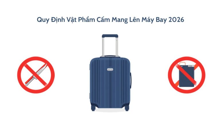 Vali hành lý với biểu tượng cấm dao và cấm pin sạc dự phòng, minh họa quy định vật phẩm cấm mang lên máy bay 2026
