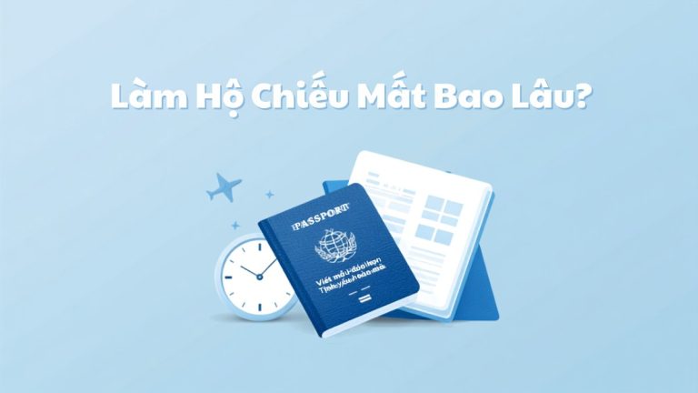 Minh họa hộ chiếu Việt Nam cùng đồng hồ và máy bay, biểu tượng cho thời gian làm hộ chiếu
