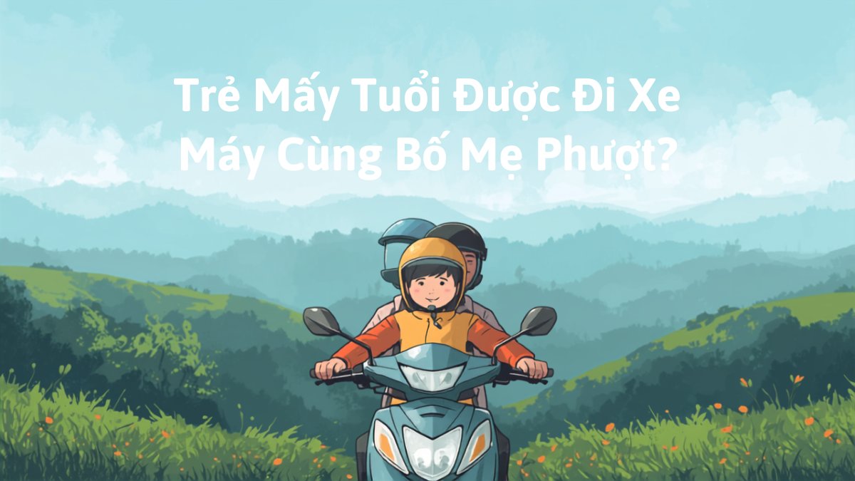 Bố mẹ chở con nhỏ đội mũ bảo hiểm đi xe máy phượt qua vùng núi xanh mát