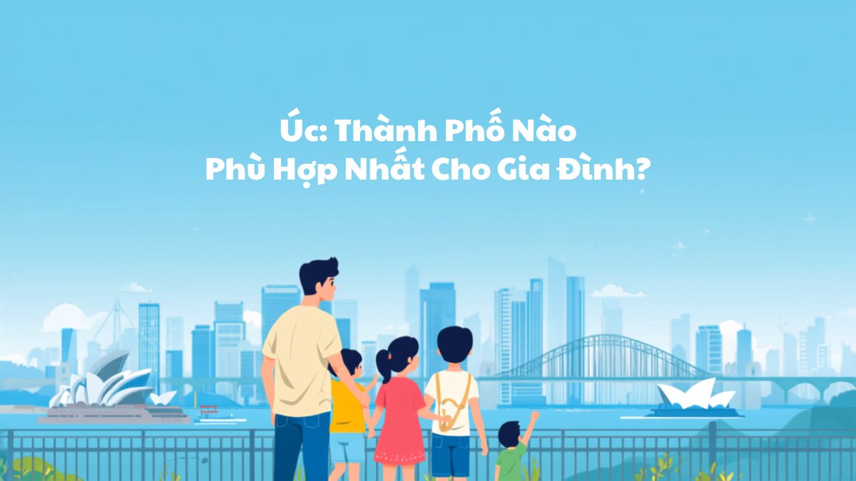 Gia đình Việt Nam đứng ngắm thành phố Sydney với cầu cảng và nhà hát opera, minh họa cho bài so sánh các thành phố Úc phù hợp gia đình