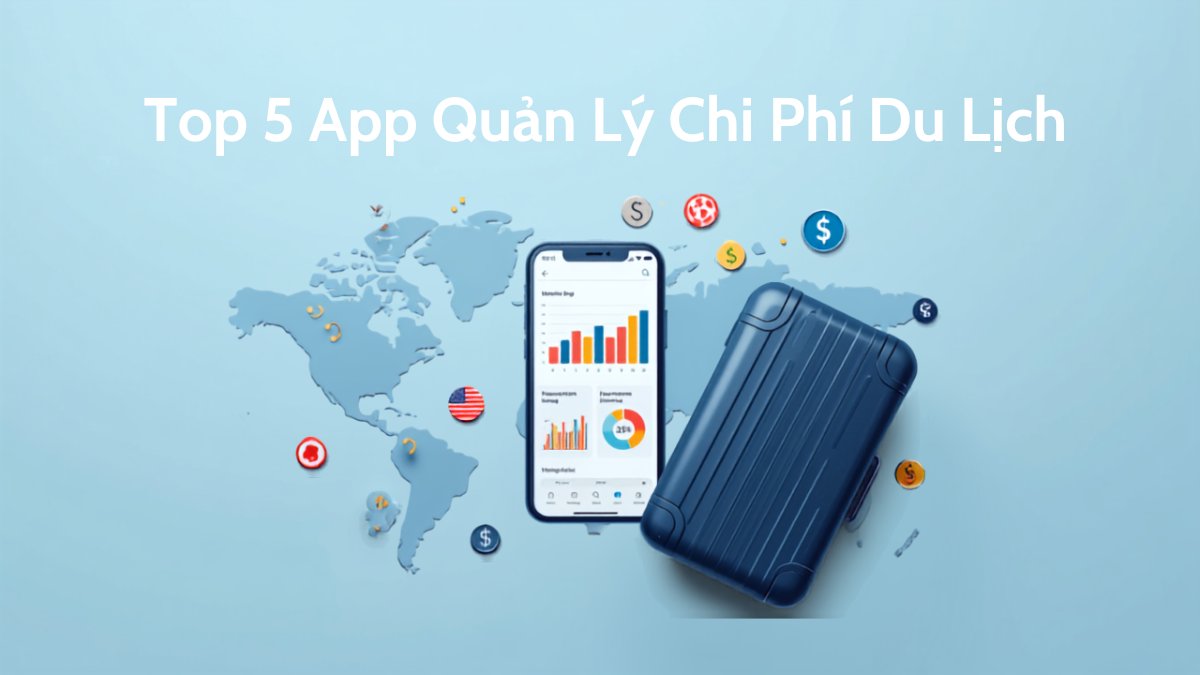 Điện thoại hiển thị app quản lý chi phí du lịch với biểu đồ chi tiêu, đặt cạnh vali và bản đồ thế giới, minh họa cho top 5 app quản lý chi phí du lịch gia đình