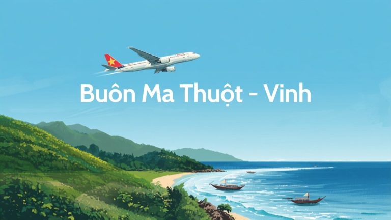 Máy bay bay qua đồi núi Tây Nguyên và biển miền Trung, minh họa tuyến bay Buôn Ma Thuột - Vinh